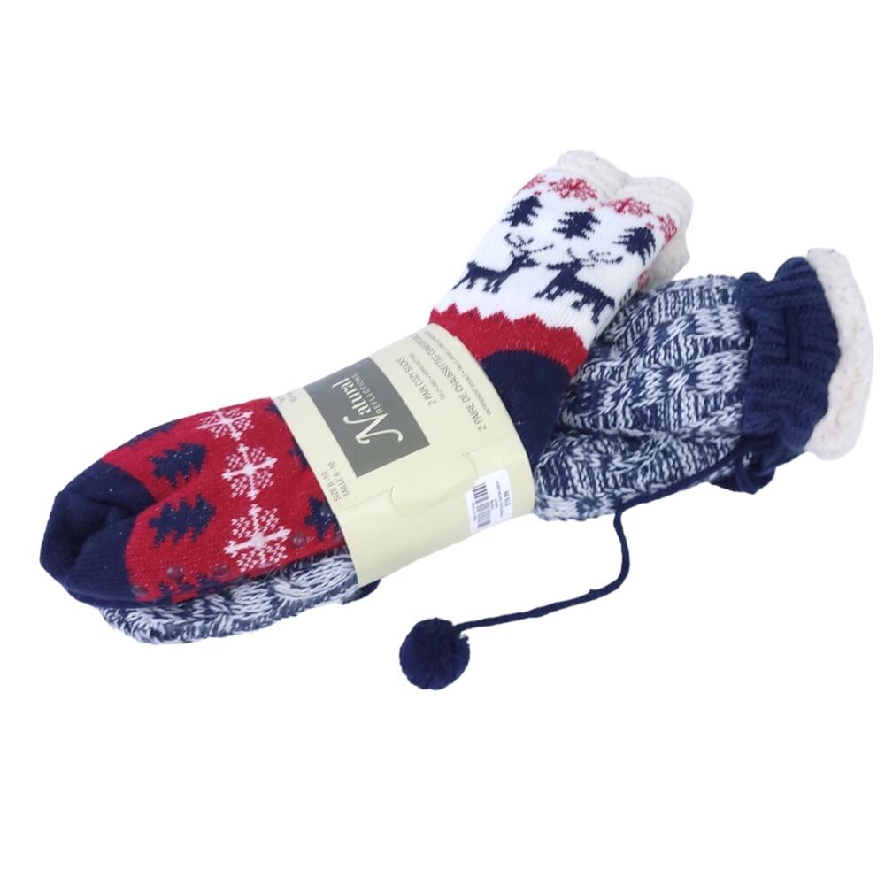 New Natural Reflections 2 Pairs Cozy Socks, Lined, Gripper Bottom, Reindeer 6-10